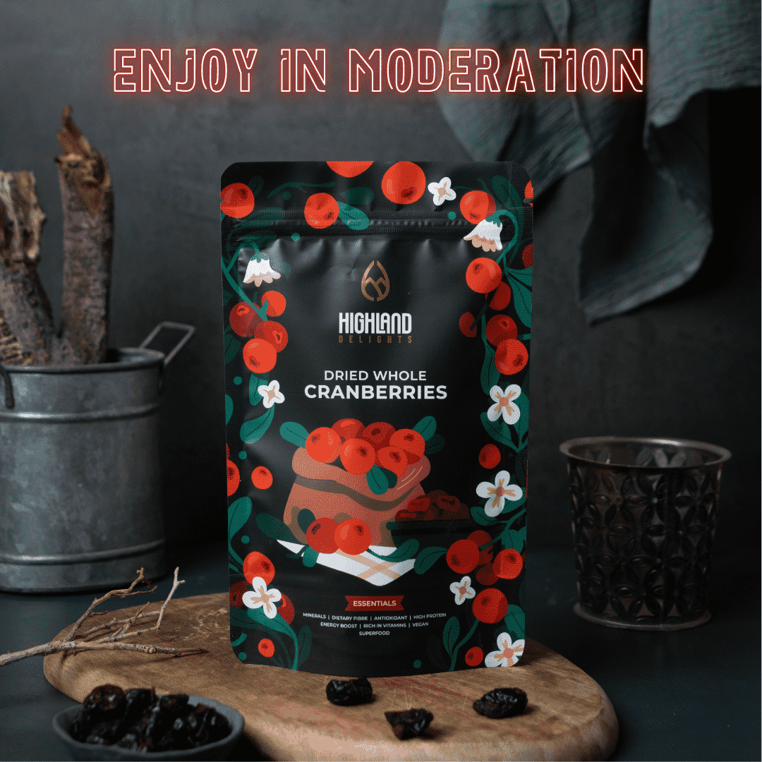 Highland Delights premium dried whole cranberries in a clear package, showcasing plump, ruby-red berries 