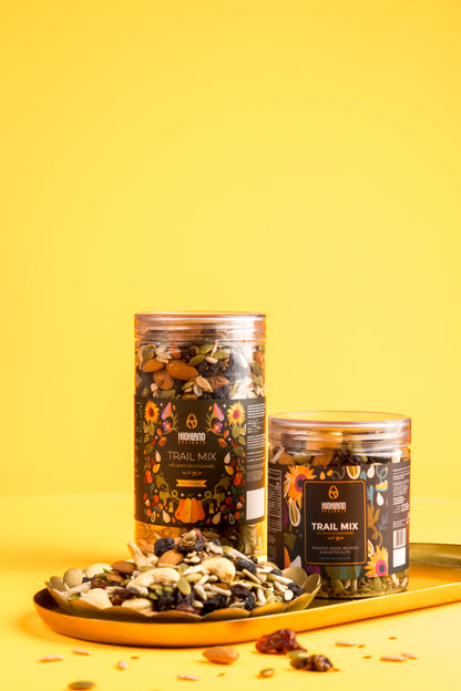 Trail Mix in a clear bag, filled with a variety of nuts, seeds, and dried fruits